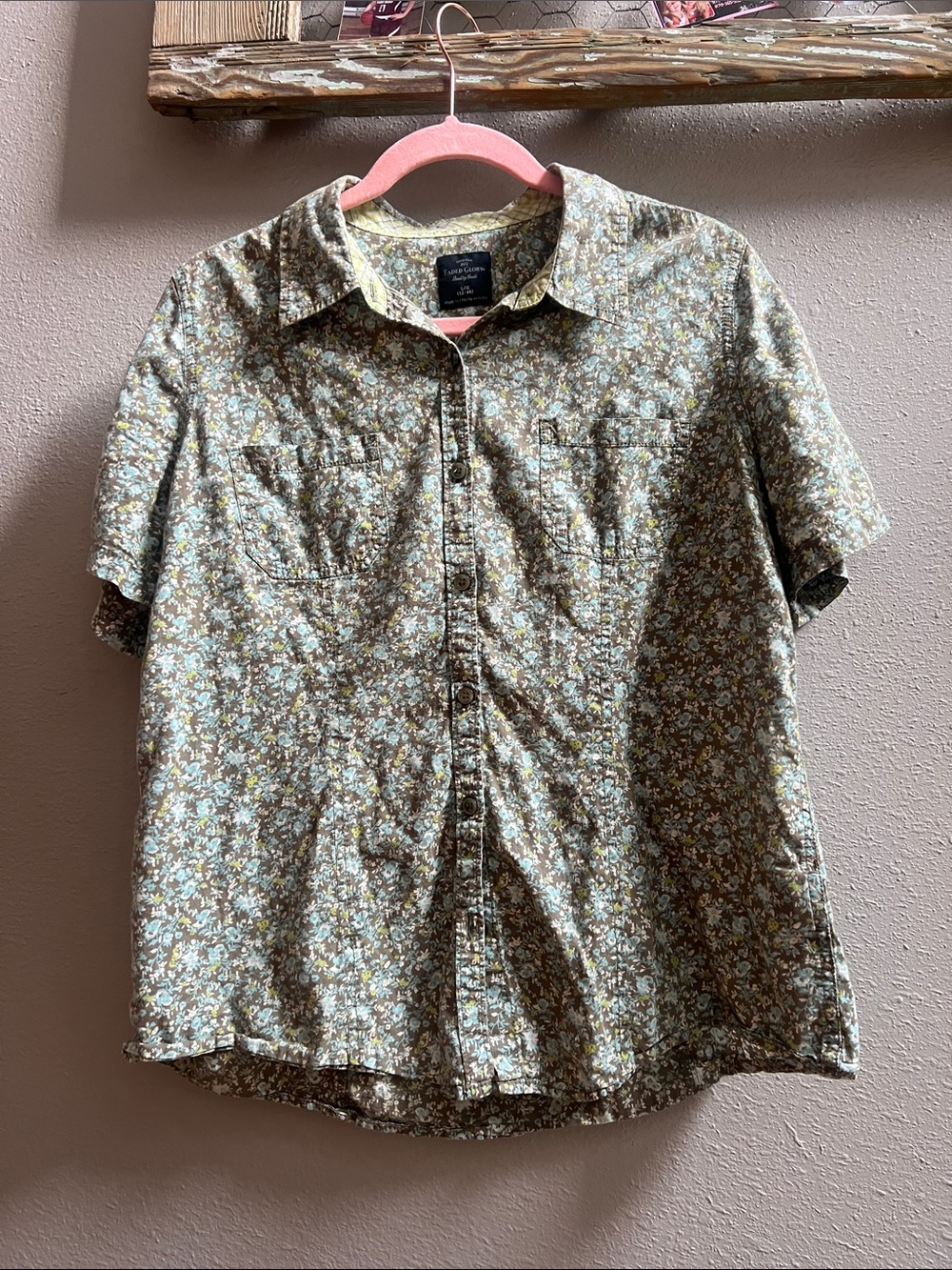 Faded Glory Floral Button-Down Shirt in Olive Green and Light Blue